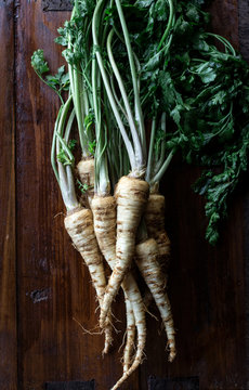 Bunch of raw parsnips, overhead view 