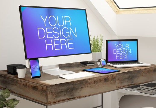 Devices on Desk in Home Office Mockup 3