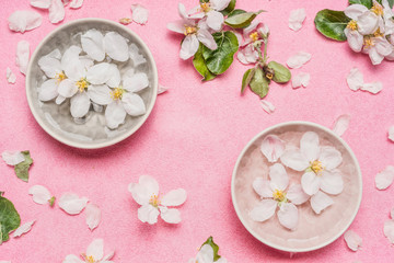 Obraz na płótnie Canvas Spa or wellness pink background with blossom and water bowl with white flowers, top view. Spring blossom background