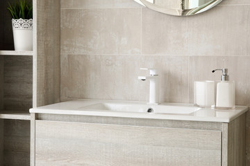 modern and clean toilet, sink and toiletries - 158505669