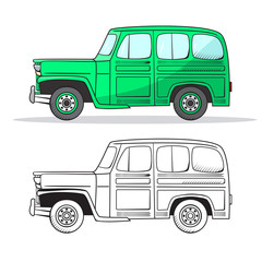 Retro car in cartoon style. Color and black outline retro auto. Classic car hand drawn set. Green car
