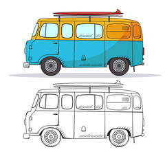 Retro car in cartoon style. Color and black outline retro auto. Classic car hand drawn set. Surf mobile in yellow and blue colors