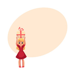 Little blond girl in red dress holding big birthday gift over head, cartoon vector illustration with space for text. Full length portrait of little girl in red dress holding birthday gift
