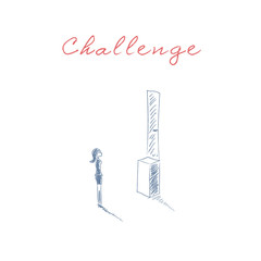 Business challenge vector concept with woman standing in front of door too high. Symbol of businesswoman discrimination, obstacles, overcoming and problem solution.