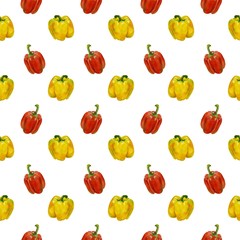 Hand drawn seamless pattern with fresh organic. watercolor rad and yellow bell peppers. Seamless background with bell peppers.
