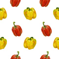Seamless watercolor pattern with yellow and red peppers. background with bell peppers. Can be used for fabrics, textures, Wallpaper and paper.