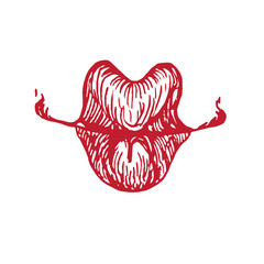 Funny, сhubby lips shape (emotional сheerful, playful), woodcut style design, hand drawn doodle, sketch in pop art style, isolated vector illustration