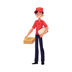 Young courier, delivery service worker standing with clipboard and parcel box, cartoon vector illustration isolated on white background. Full length portrait of young delivery service man