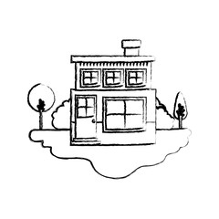 monochrome blurred silhouette scene of outdoor landscape and house of two floors with chimney vector illustration