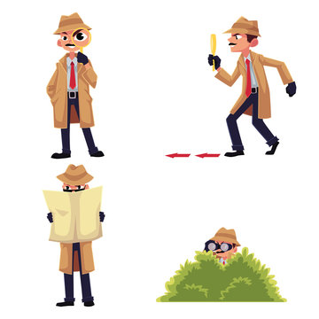 Detective character with magnifying glass, sleuthing, disguising, maintaining surveillance from a bush, cartoon vector illustration isolated on white background. Funny detective character set