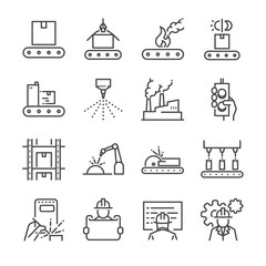 Manufacturing line icon set. Included the icons as process, production, factory, packing and more.