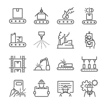 Manufacturing line icon set. Included the icons as process, production, factory, packing and more.