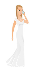 Caucasian fiancee talking on a mobile phone. Fiancee talking on a cell phone. Full length of young fiancee talking on a mobile phone. Vector flat design illustration isolated on white background.