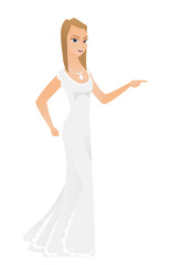 Furious fiancee screaming and pointing her finger to the right. Full length of fiancee in white dress screaming and shaking her finger. Vector flat design illustration isolated on white background.