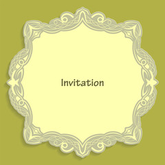 Card template for cutting out paper. A caligraphic gold pattern is made along the edge. Suitable for an invitation to a wedding or other event. Vector billet for laser cutting.