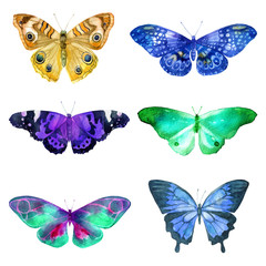 Set of watercolor transparent butterflies in blue, ocher and lilac flowers on a white background