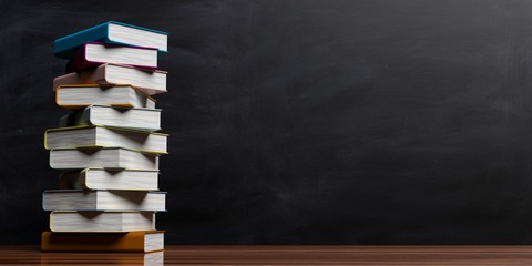 Books stacked on blackboard background. 3d illustration © Rawf8