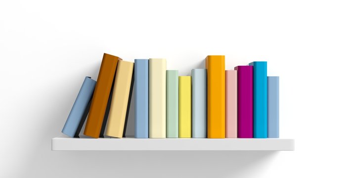 Colored books on a shelf on white background. 3d illustration