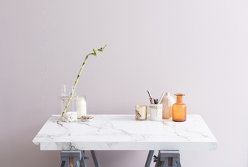 modern marble table and decorative objects on the table