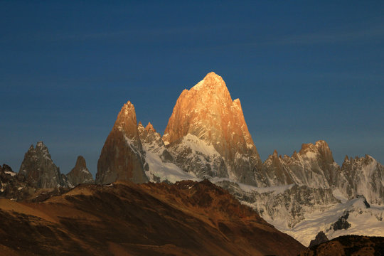 Fitz Roy and Cerro Torre mountainline at sunrise, Los Glaciares National Park, El Challten, Patagonia, Argentina