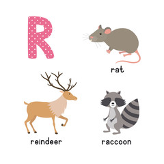 ABC letter R funny kid icons set: raccoon, reindeer, rat