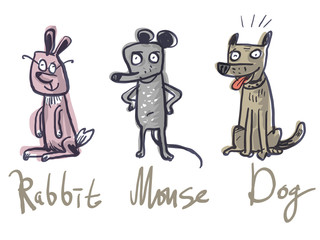 Set Three animals. Rabbit, Mouse and Dog. Vector illustration