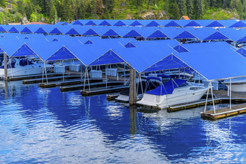 Blue Covers Boardwalk Marina Piers Boats Reflection Lake Coeur d' Alene Idaho