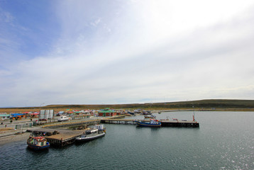 Fototapeta premium View of boats in the port of Porvenir, Tierra Del Fuego, Patagonia, Chile