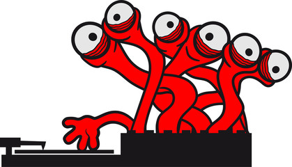 dj musik mischpult party feiern club tanzen tentakel augen hässlich monster böse gefährlich gefräßig horror halloween grinsen