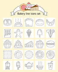 Bakery icons in line art style. Icons with bread, biscuits, sweets for web. Set with fresh bread, sweets, baking for using in website and mobile