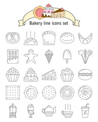 Bakery icons in line art style. Icons with bread, biscuits, sweets for web. Set with fresh bread, sweets, baking for using in website and mobile