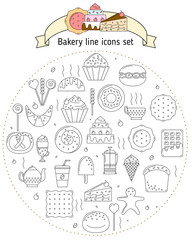 Bakery icons in line art style. Icons with bread, biscuits, sweets for web. Set with fresh bread, sweets, baking for using in website and mobile