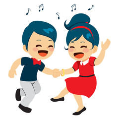 Young cute couple dancing together enjoying music