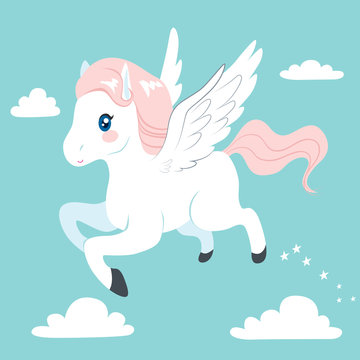 Cute and beautiful flying Pegasus on sky