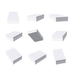 Vector set with white box with top cover drawn in different foreshortening isolated on white background. Collection consists of 9 various perspective angle to the viewer. Monochrome packaging set.