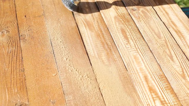 Wood brushing with wire cup brush for drill