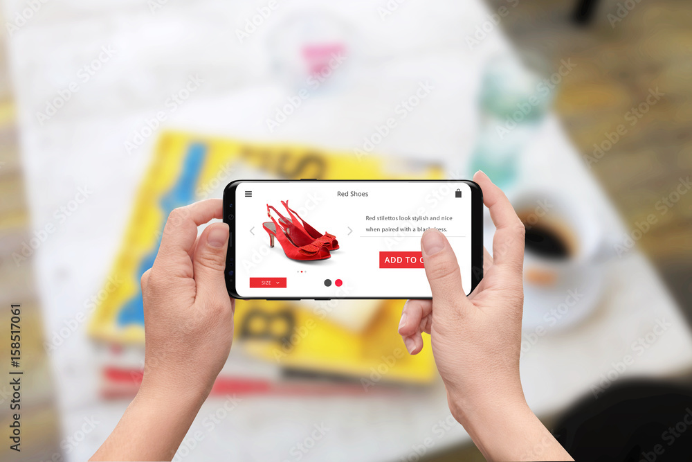 Aufkleber woman buy online red shoes with smart phone. responsive store web site with add to cart button.