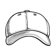 Clean, unlabelled black and white textile baseball cap, sketch style vector illustration isolated on white background. Realistic isolated hand drawing of baseball cap, front view