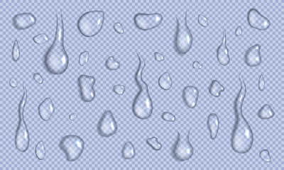 Vector set of realistic water drops and splash different sizes on a transparent background, condensation of rain, collection for design.