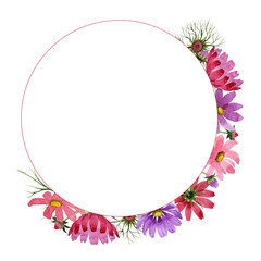 Wildflower kosmeya flower frame in a watercolor style isolated.