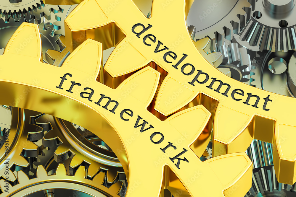 Poster development framework concept on the gearwheels, 3d rendering