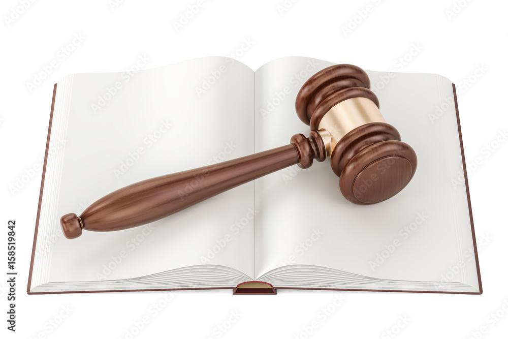 Poster opened blank book with gavel, 3d rendering