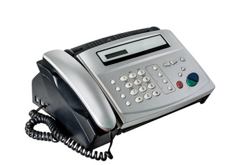 Old fax machine close up, on a white background.