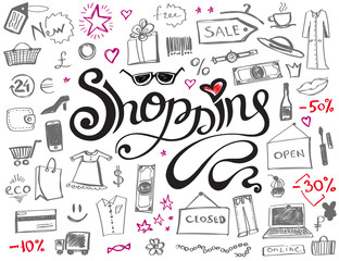 Hand drawn shopping lettering with doodle icons pattern.  Abstract sale or offer background. Vector illustration