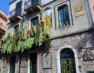 Characteristic balconies in the historic center of the country Taormina, Italy