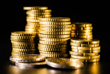 Euro coins.Coins stacked on each other in different positions. Money concept