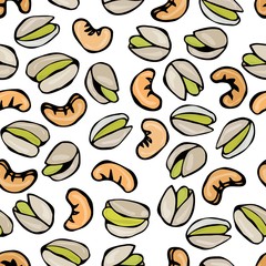 Seamless with Shelled Pistachio and Cashew Nuts. Isolated On a White Background Doodle Cartoon Hand Drawn Sketch Vector Illustration. Food Pattern.