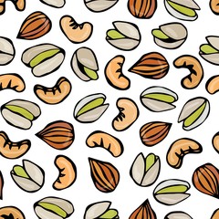 Seamless with Shelled Pistachio, Almond and Cashew Nuts. Isolated On a White Background Doodle Cartoon Hand Drawn Sketch Vector Illustration. Food Pattern.