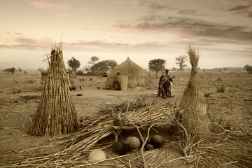 Mali, West Africa - Peul village and typical mud buildings - obrazy, fototapety, plakaty
