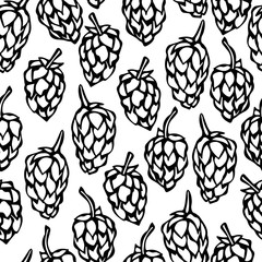 Seamless with Hops. Beer Pattern. Isolated On a White Background Realistic Doodle Cartoon Style Hand Drawn Sketch Vector Illustration.